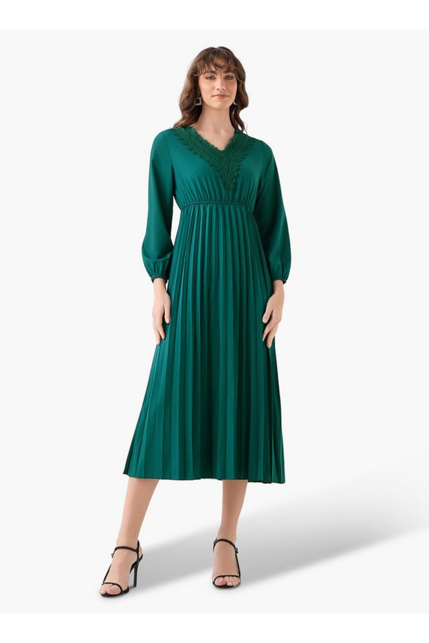 Pleated Midi Dress with Lace Detail