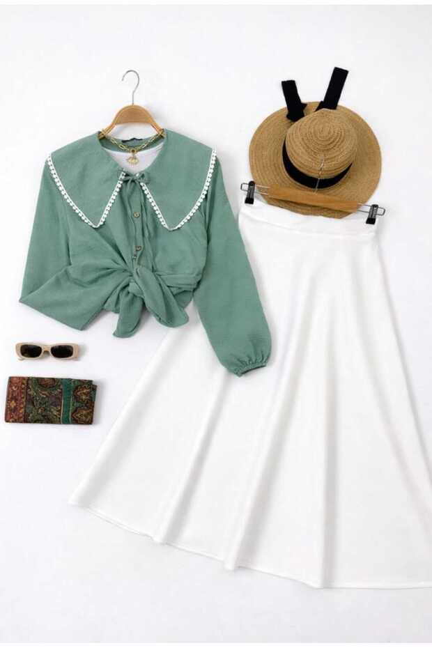 Women's Collar with Scallop Detail - Puff Scuba Skirt Set