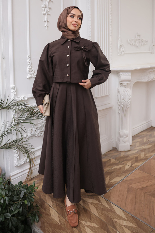 Brown Collar Detailed Crop Shirt Skirt Set