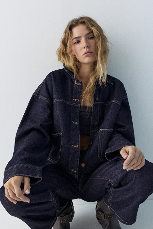 Boxy kesim denim ince ceket - 1