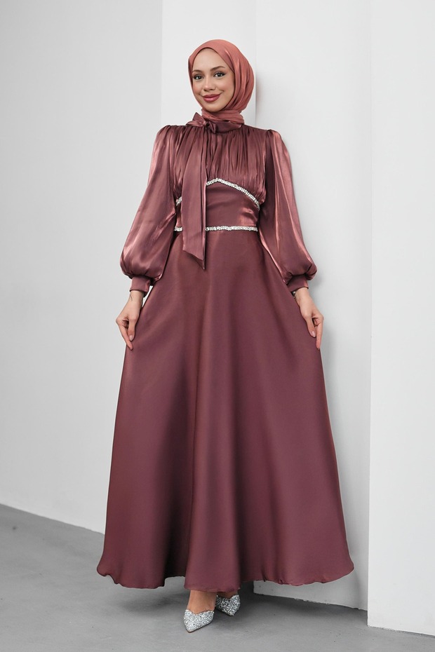 Plum Collar Bowknot Waist Stone Detailed Balloon Sleeve Evening Dress