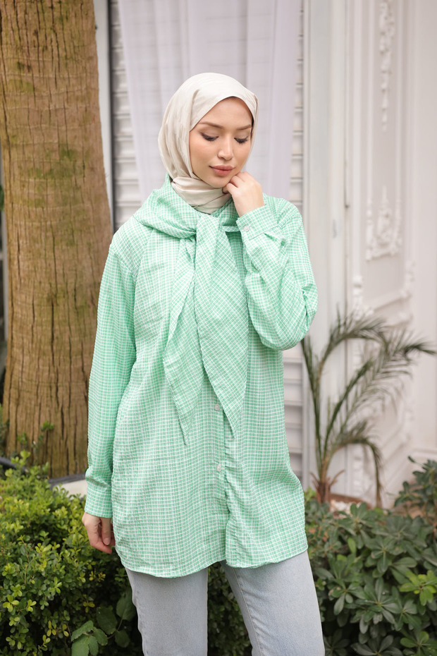 Green Collar Detailed Gingham Tunic Shirt