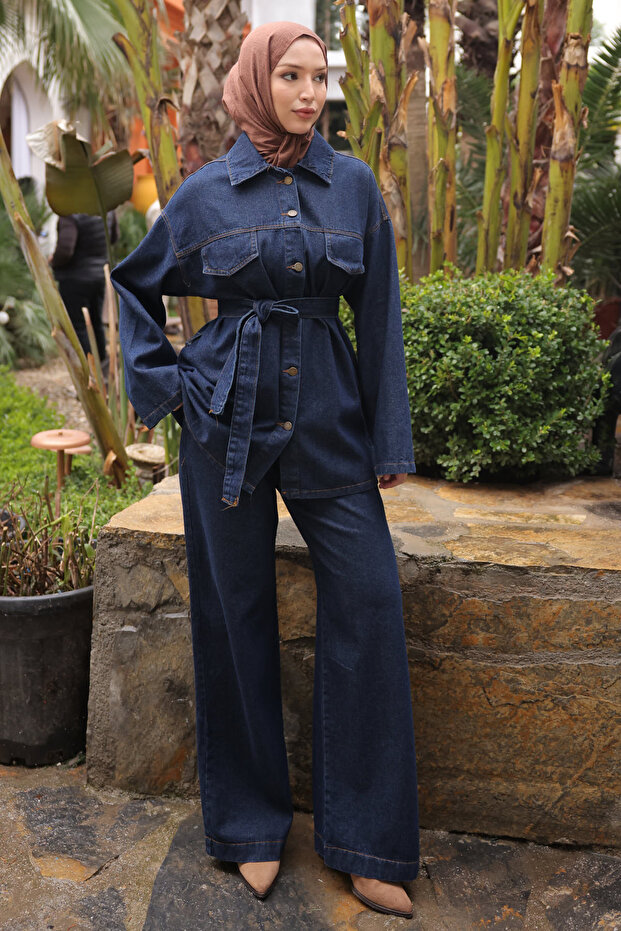 Navy Blue Belted Jacket and Trousers Denim Suit