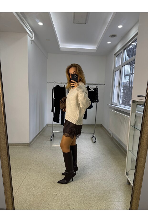 BEJ SATEN ELBİSELİ TRİKO - 4