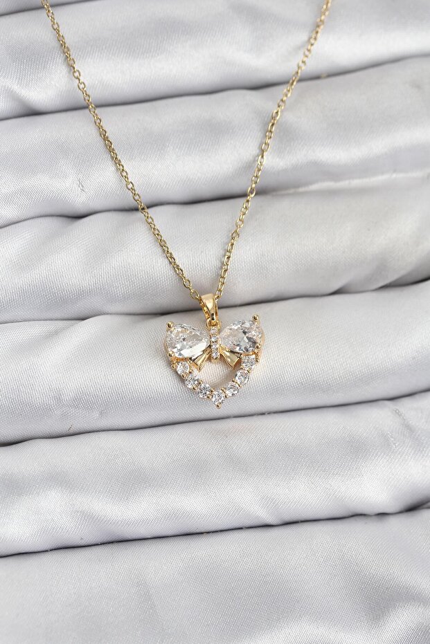 Chain Gold Color Heart and Bow Model Zircon Stone Women's Necklace - Ebj260130W39275