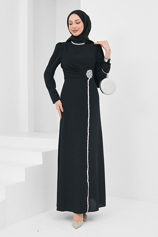 Black Draped Evening Dress with Stone Detail