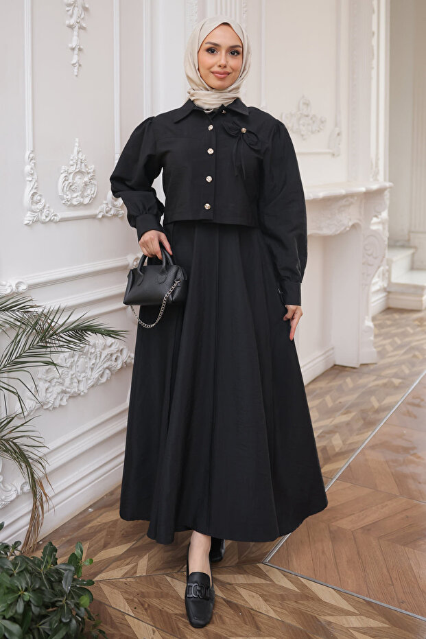 Black Collar Detailed Crop Shirt Skirt Set