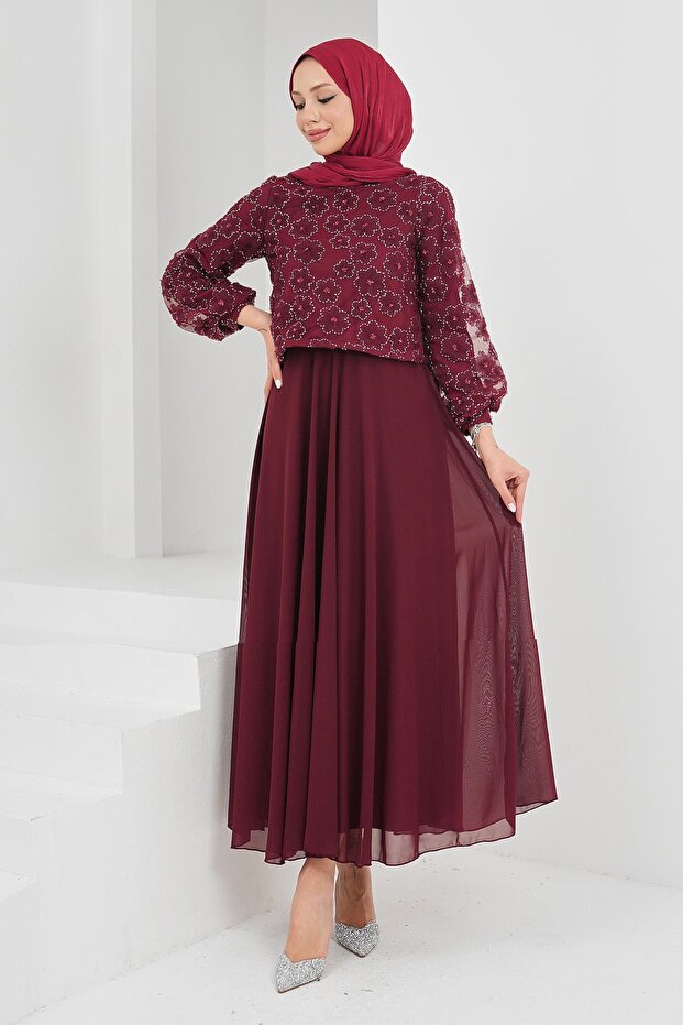 Burgundy Beaded Evening Dress