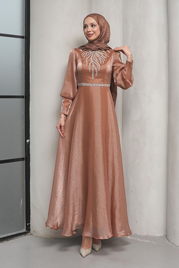 Dark Mink Evening Dress with Stones on the Front