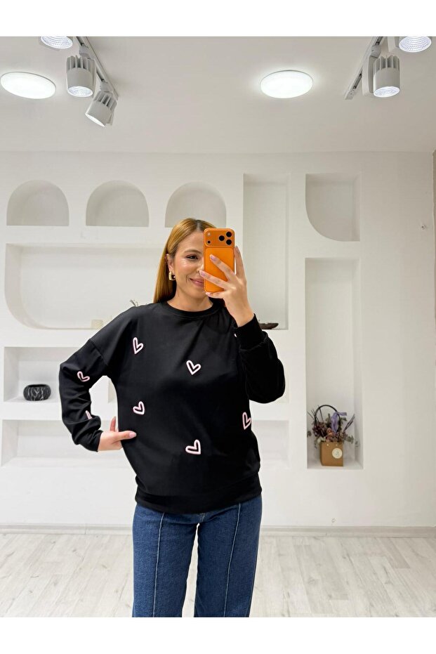 Modal Textured Sweatshirt with Heart Embroidery Detail