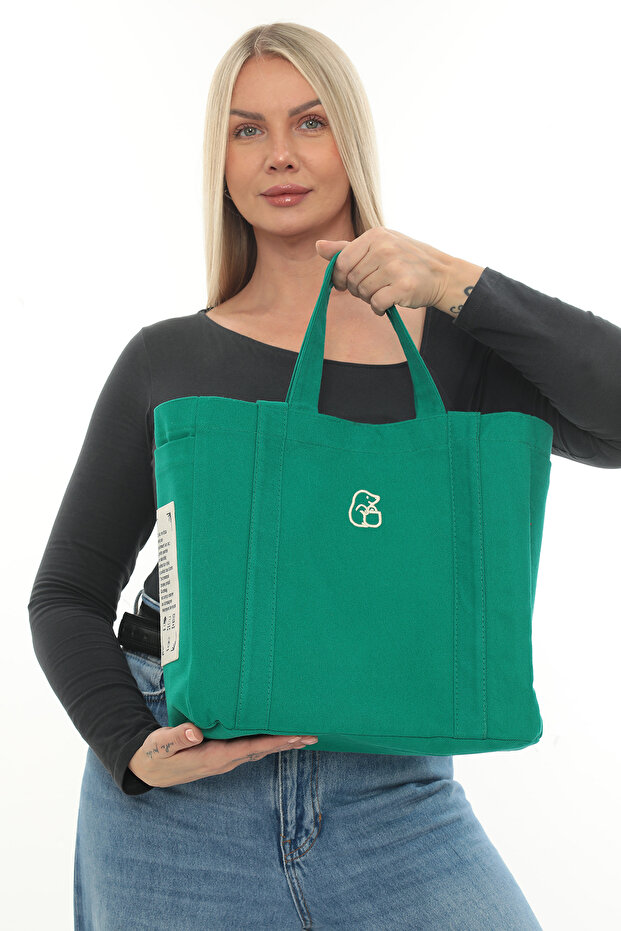Green-2 Color Embroidered 340Gr Gabardine Fabric Bag 34X31X14Cm with Double Side Pockets, Inner Pocket and Lining