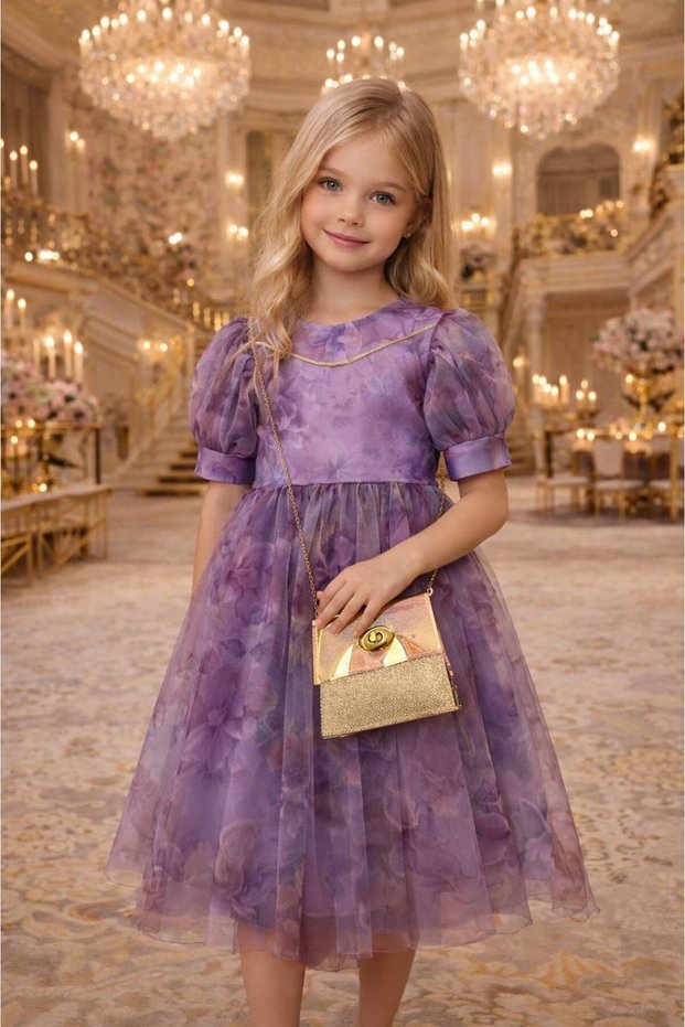 Girls' Floral Print Dress with Bag Festive Princess Wedding Party Birthday Dress