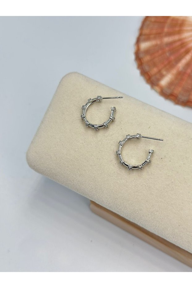 Zircon Stone Detail Minimal Hoop Earrings (Steel)