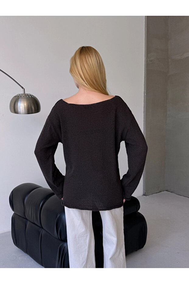 Oversize Kayık Yaka Triko Bluz - 5