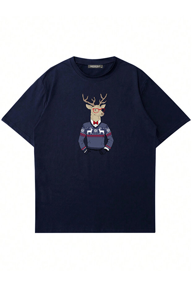 تي شيرت للجنسين مطبوع عليه Deer Guy ذو ياقة دائرية كبيرة الحجم