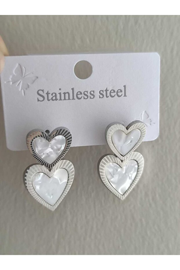 Paslanmaz Çelik Çift Kalp Görünümlü Küpe - 2