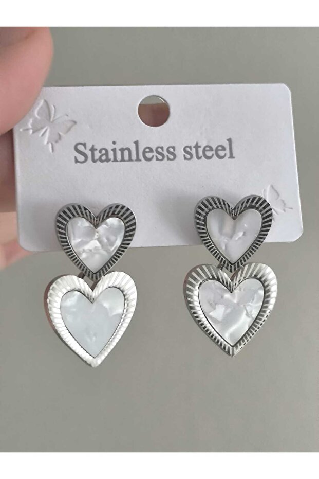 Paslanmaz Çelik Çift Kalp Görünümlü Küpe - 3