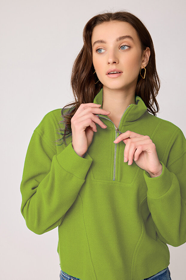 Dik Yaka Fermuarlı Örme Sweatshirt - 2