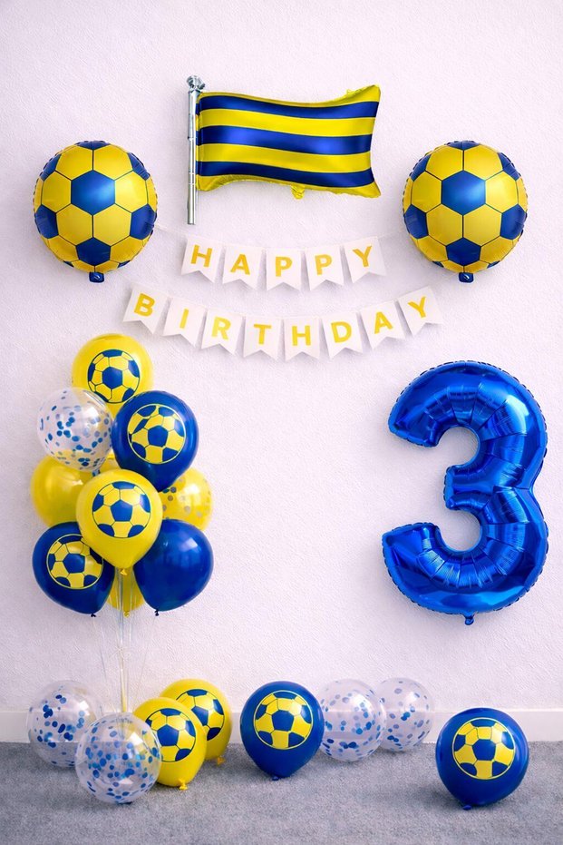 Yellow Navy Blue Football Themed 3Rd Birthday Balloon Set