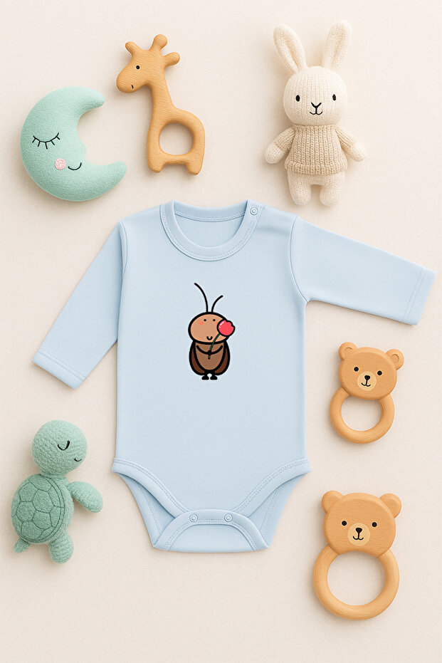 Zıbın Unisex (Snap Fastener) Baby Cute Bodysuit 100% Cotton Hamham Insect Printed