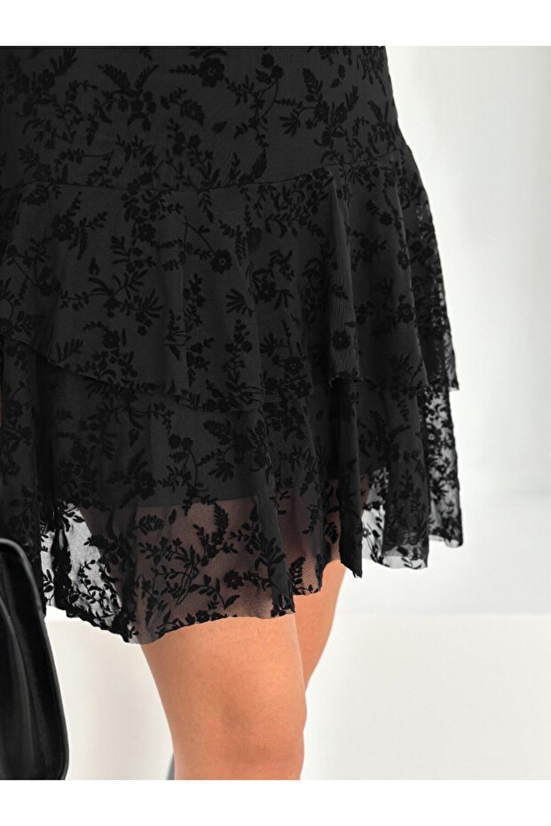 Flok Baskılı Tüllü Astarlı Mini Etek - 8