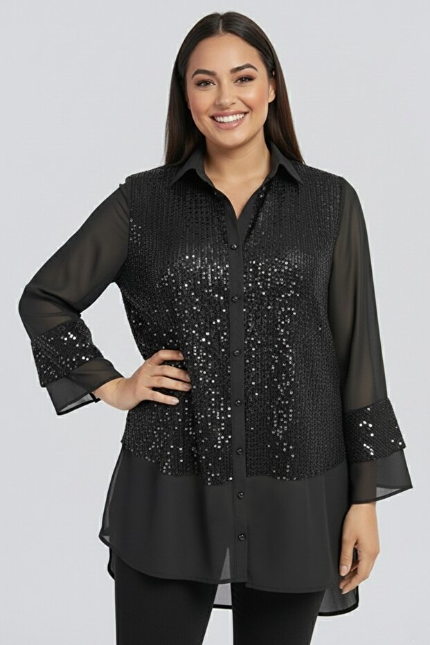 Women's Sequined Long Sleeve Plus Size Chiffon Shirt