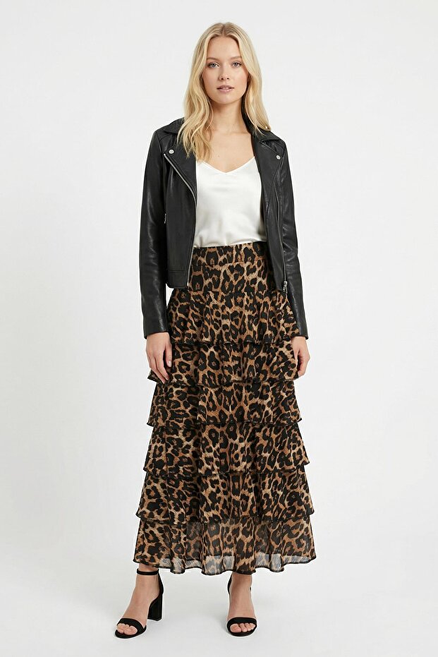 154 Patterned Layered Skirt Leopard-Stone - 1
