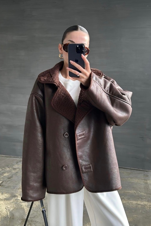 Women's Zr Model Suede Leather Oversized Coat Jacket with Plush Inside