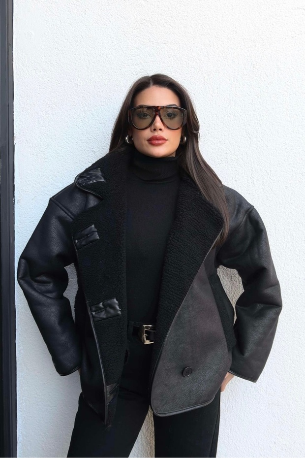 Women's Suede Leather Plush Lined Oversized Model Coat Jacket