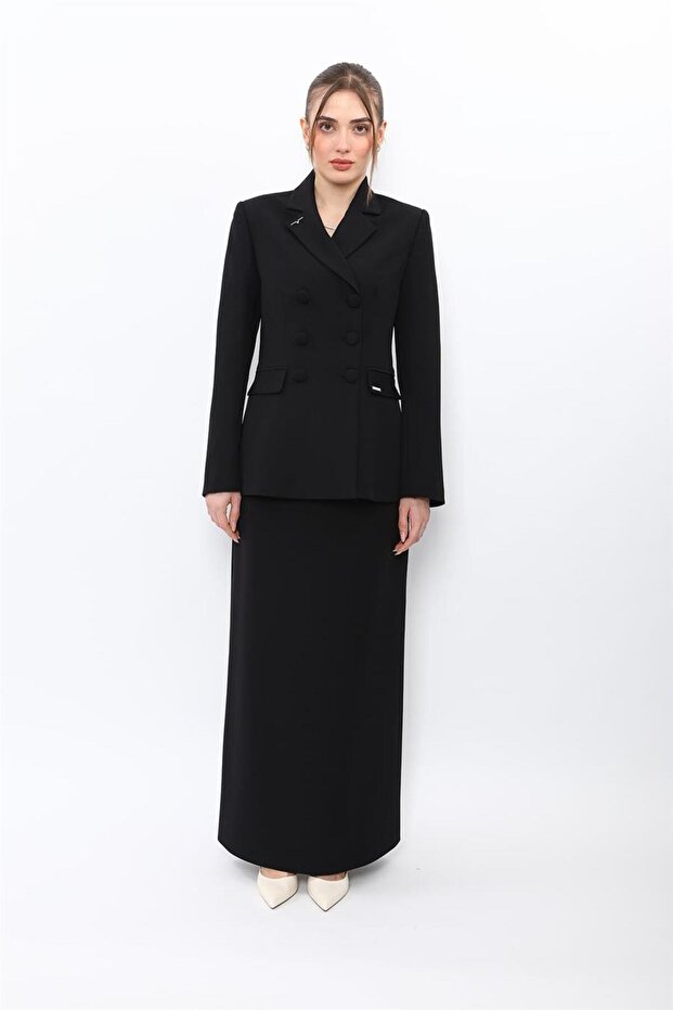 Buttoned Classic Blazer Jacket & Square Pocket Long Bell Skirt Women's Suit-Black - 1181537