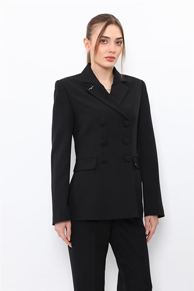 Buttoned Classic Blazer Jacket-Black - 1181100