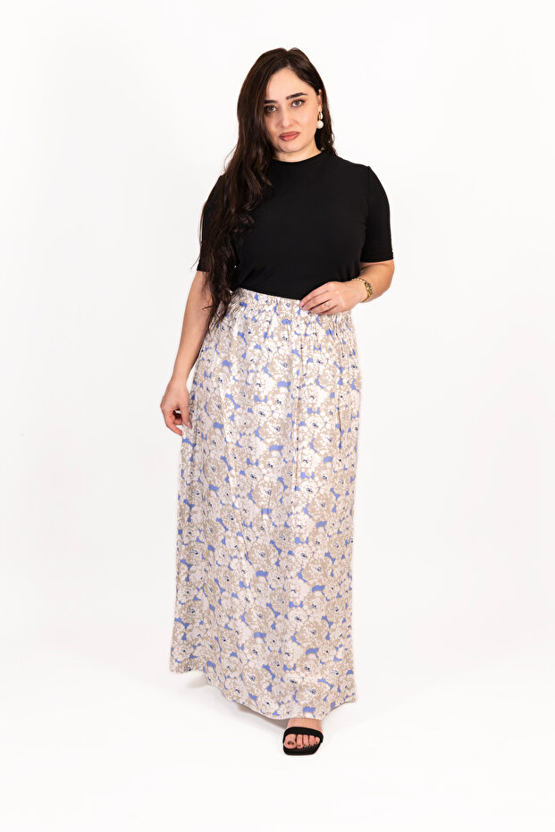 Blue & Beige Floral Printed Woven Skirt