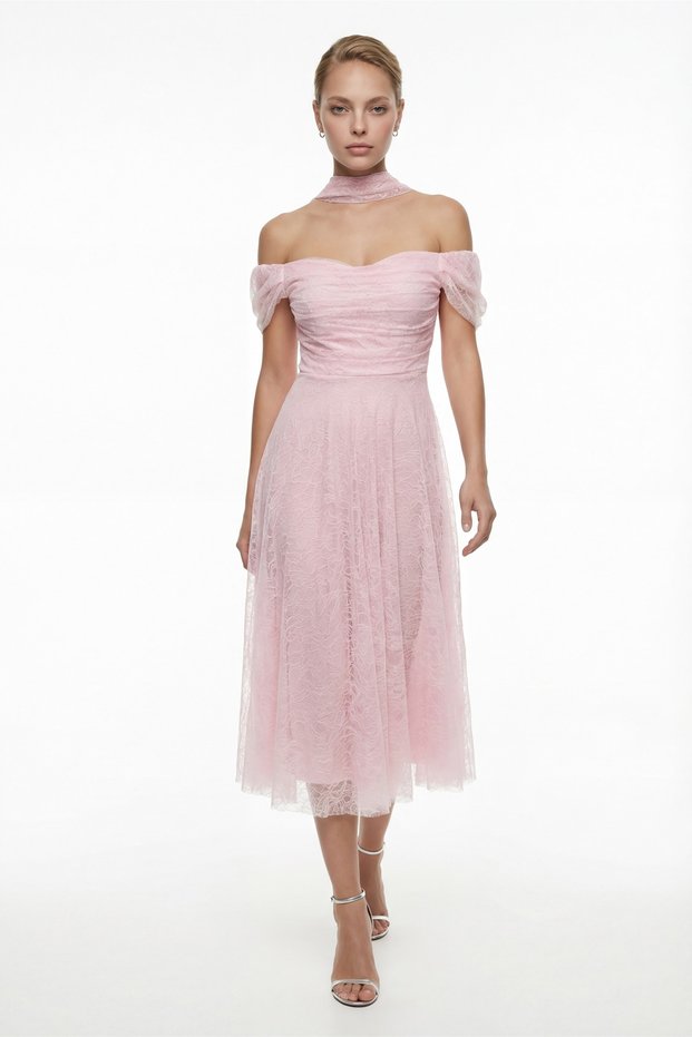 Women's Powder Color Slim Fit Boat Neck Lace Midi Promise Engagement Wedding Evening Dress