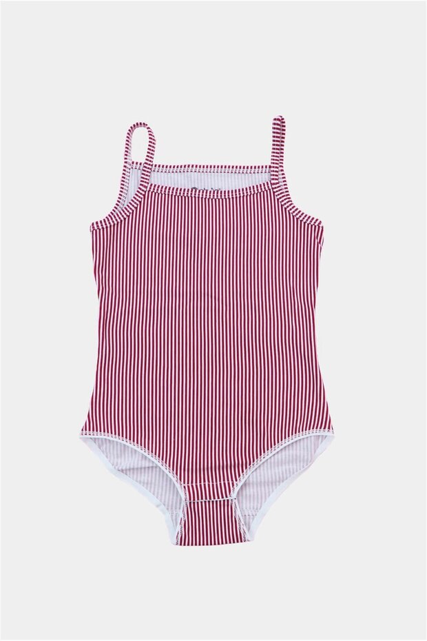 Girl's Red Striped Rope Strap Snap Fastener Bodysuit