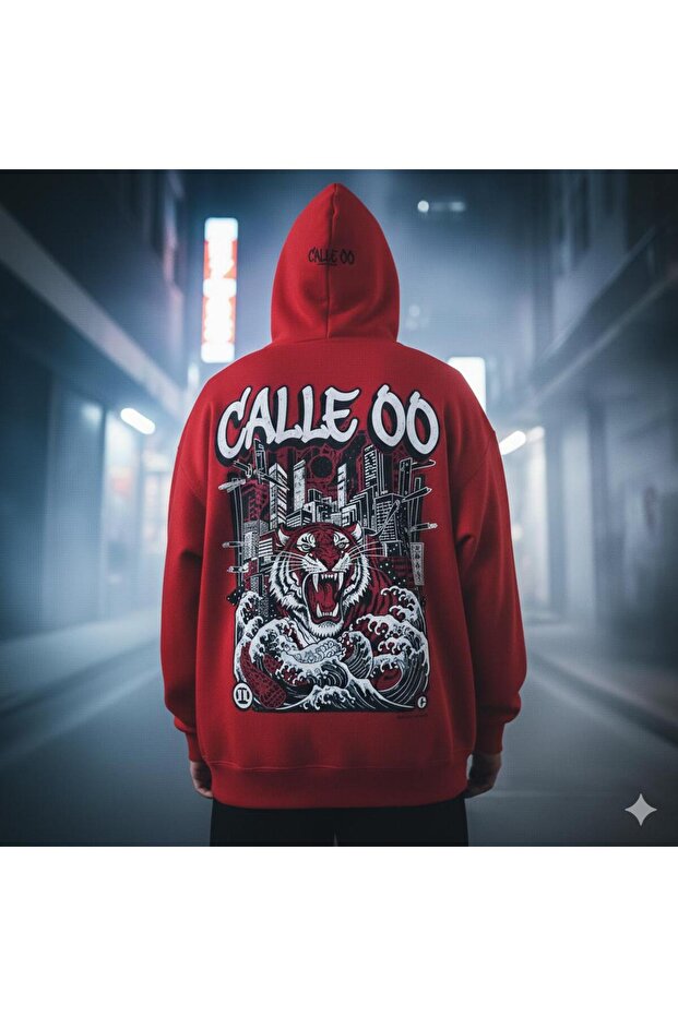 Calle 00 Unisex White Tiger Back Printed 3 Thread Threaded Oversize Hoodie