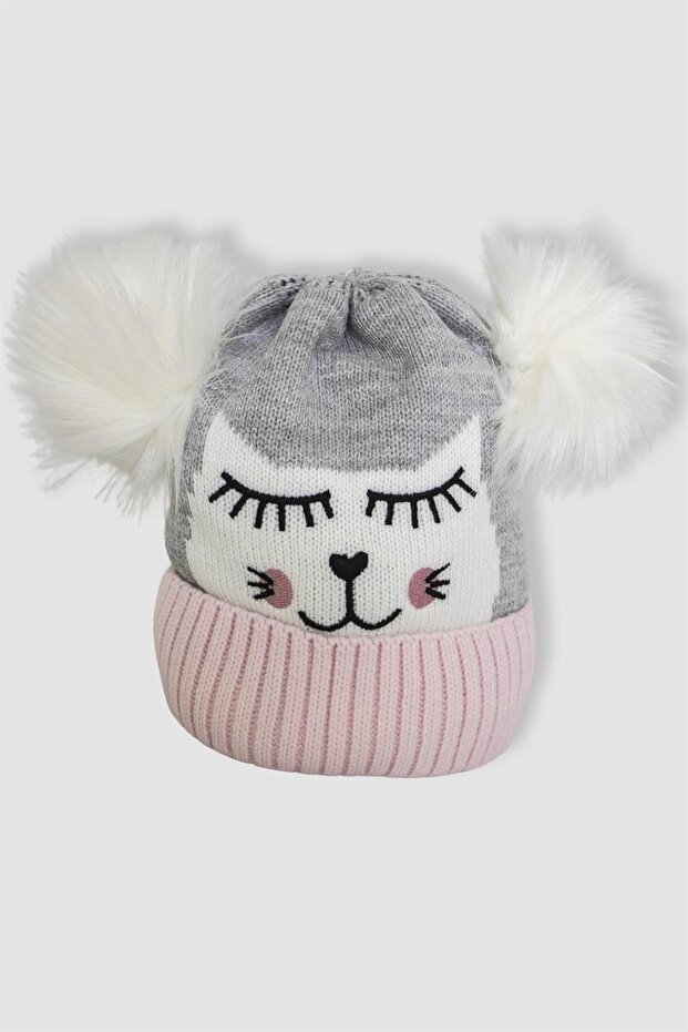 Girl's Gray Pink Pompom Printed Beret