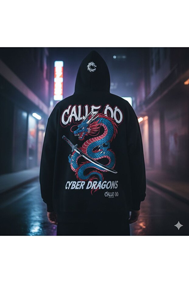 Calle 00 Unisex White Tiger Back Printed 3 Thread Threaded Oversize Hoodie