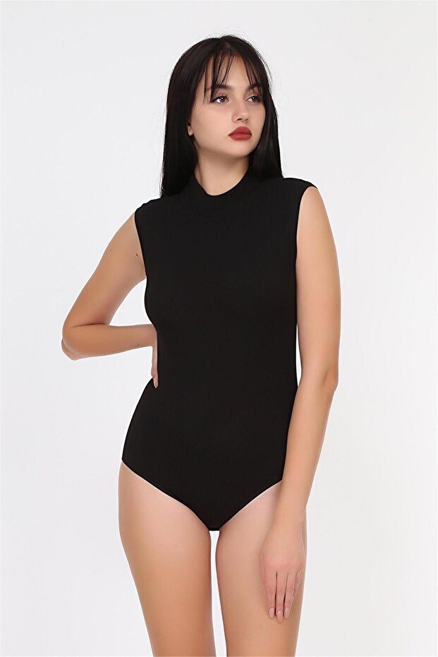 Women's Black Sleeveless Mock Neck Snap Bodysuit