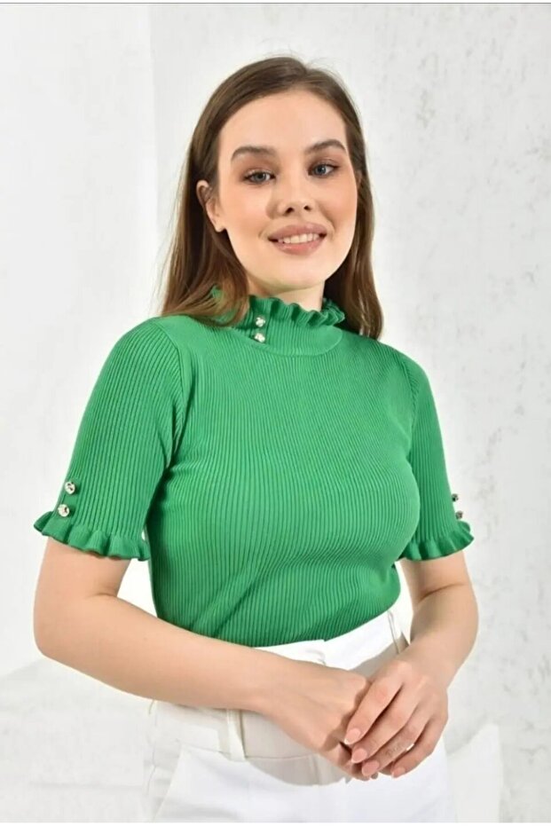 Women's Ruffled Stone Button Detailed Thessaloniki Knitted Sweater 214535