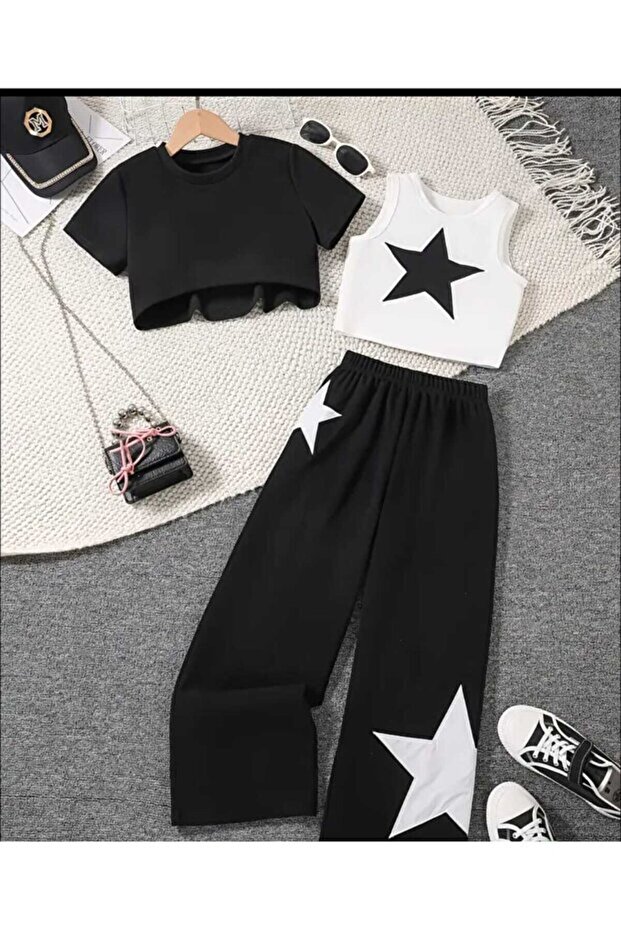 Summer Black Star Printed Girls' Strappy Crop 3-Piece Set