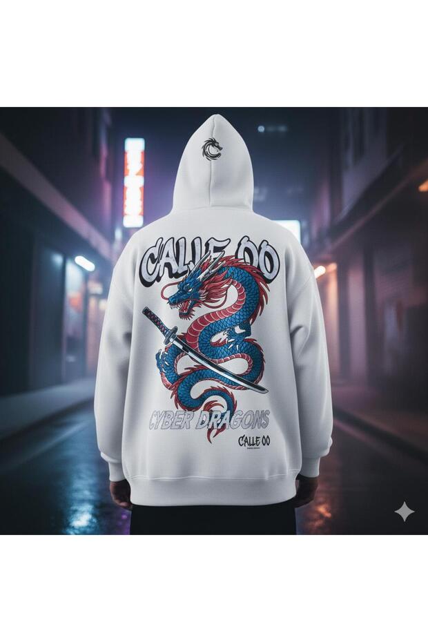 Calle 00 Unisex Cyber Dragons Dragon Printed 3 Threaded Threaded Oversize Hoodie