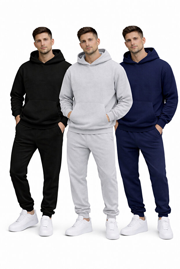 Men's Black-Grey-Navy Blue 3-Piece Set Hooded Tracksuit Set Winter Kangaroo Pocket Cotton Lined