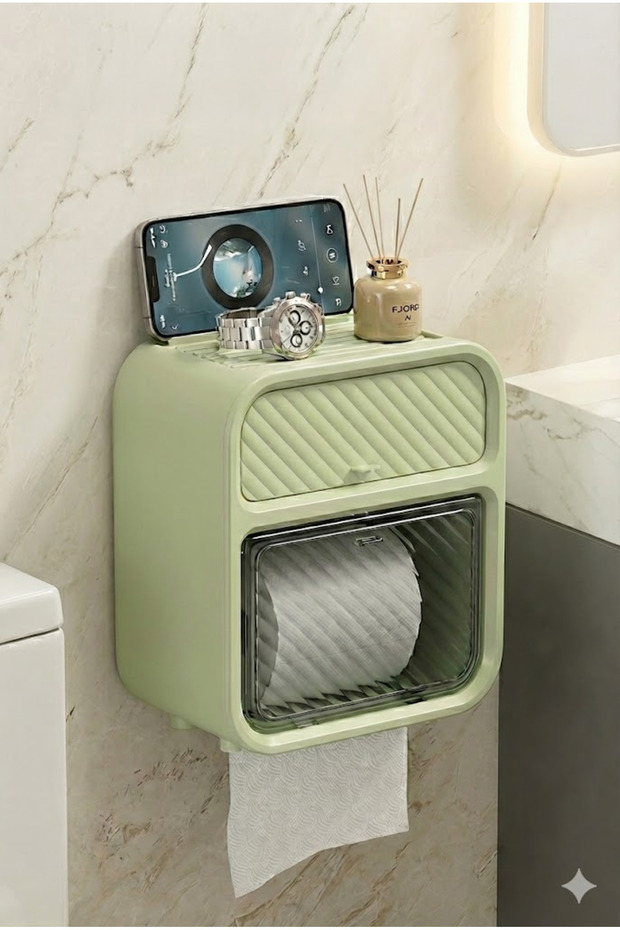 Adhesive Wall-Mountable Toilet Paper and Hand Tissue Box with Phone Holder