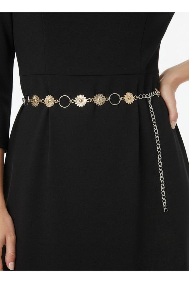 Women's Gold-Silver Metal Flower and Hoop Detailed Waist Chain Be3006
