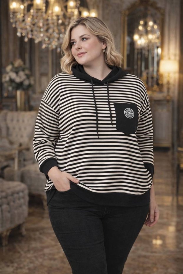 Elegant Women's Striped Stone Embellished Hooded Sporty Viscose Basic Sweat Blouse