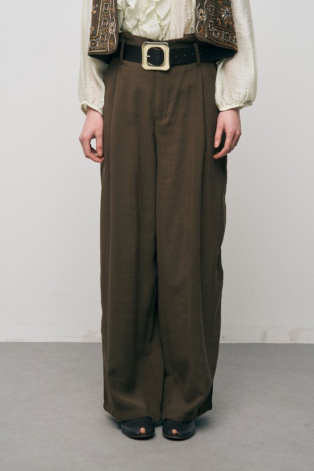 Women's High Waist Belted Solid Color Modal Trousers with Pleated Detail