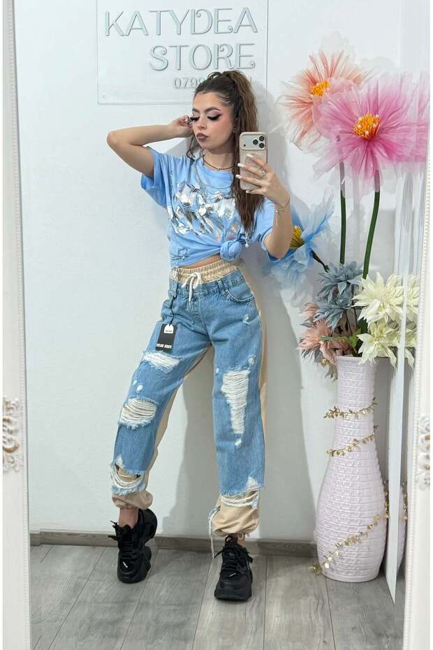 Pantaloni jeans cu design patchwork & efect ripped ALICE