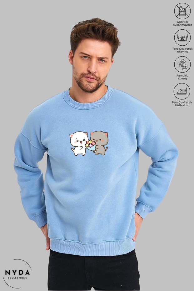Unisex Bubu Dudu Printed Crew Neck Hoodless Oversized 100% Cotton Combed Cotton Sweatshirt