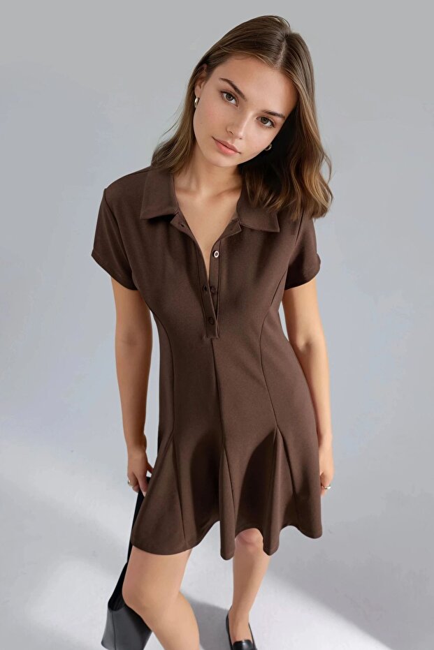 BUSEM Düğmeli Krep Gömlek Yaka Mini Elbise - 3