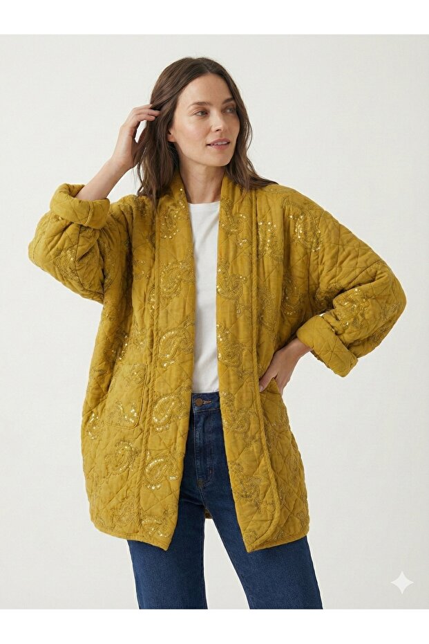Women's Mustard Italian Ethnic Shawl Pattern Sequin Embroidered Oversized Quilted Long Kimono & Kaftan